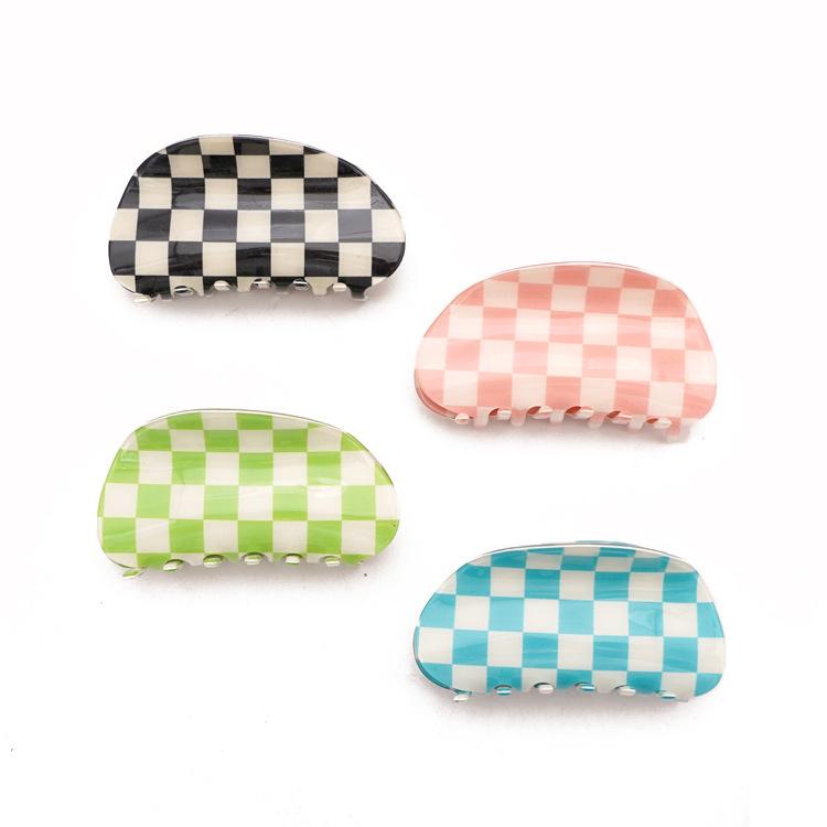 Plaid Hair Claw Retro Checkerboard Half-Round Hair Clips